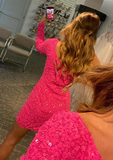 Sequins Homecoming Dress with Split - Sheath/Column One-Shoulder Full/Long Sleeve Short/Mini Velvet - Babyonlines